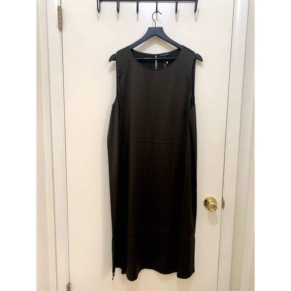 EILEEN FISHER Silk Crepe Back Satin Midi Dress Green "WOODLAND," XL, NWT